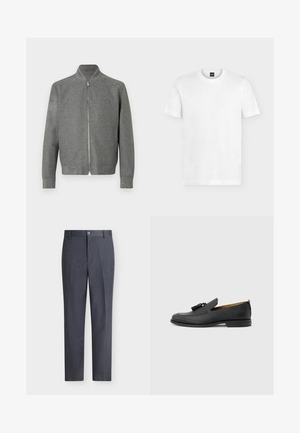 Grijze vest voor heren met rits, lange mouwen en een korte opstaand kraag, plat weergegeven tegen een witte achtergrond.; Wit T-shirt met korte mouwen en ronde hals, subtiel BOSS-logo op de bovenkant van de linkerborst en zwart neklabel.; Donkergrijze op maat gemaakte nette broek met knoop- en ritssluiting, riemlussen en een rechte pasvorm tegen een witte achtergrond.; Zwarte leren herenslof met kwastjes, ronde neus, lage hak en trekkoord aan de achterkant, zijaanzicht op lichtgrijze achtergrond.