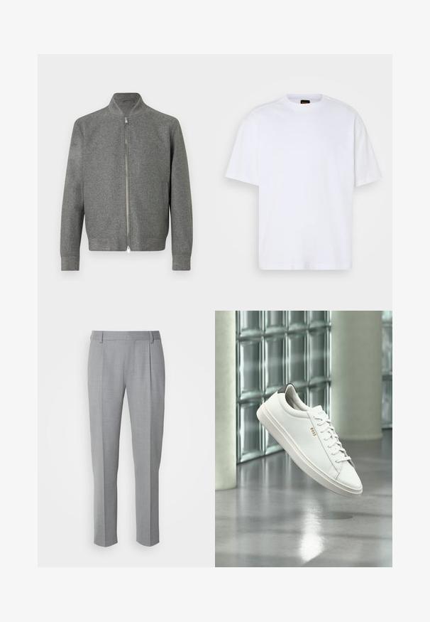 Herregrå zip-up sweater med lange ærmer og en kort stå-up krave, vist fladt på en hvid baggrund.; Hvid bomulds T-shirt med rund hals, korte ærmer og en afslappet pasform. Har strukturerede skuldersømme for ekstra detaljer.; Grå skræddersyede bukser med en glat tekstur, som har en flad front, lige ben og diskrete folder for ekstra detalje.; Hvid læder lav-top sneaker med snørebånd, sort hælflig og "BOSS"-logo, svævende indendørs nær glasblok væg og poleret gulv.