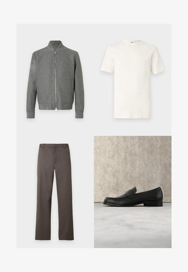 Herregrå zip-up sweater med lange ærmer og en kort stå-up krave, vist fladt på en hvid baggrund.; Lysebeige bomuld t-shirt med korte ærmer og rund halsudskæring. Har en glat tekstur og et enkelt design uden mønstre eller accenter.; Brune bomuldsbukser med et design i lige ben, der har bæltestropper og en glat tekstur. Ingen synlige mønstre eller hardware-detaljer.; Sort lædersko i loafer-stil svæver over et beige tæppe med et blankt brunt rundt bord i baggrunden.