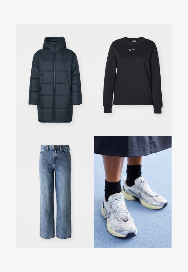 Chaqueta acolchada en azul marino oscuro, con capucha, cremallera frontal completa, puños de canalé y diseño acolchado con costuras horizontales. Logo de Nike en el pecho.; Sudadera negra de mezcla de algodón, con puños y dobladillo acanalados, escote redondo y logo plateado de Nike en el pecho.; Jeans de mezclilla azules de pierna recta de tiro alto con bolsillos frontales, pasadores para cinturón y cierre de botón.; Zapatillas Nike blancas y plateadas con tejido de malla, detalles reflectantes y una suela beige. Llevadas con calcetines negros, de pie sobre una superficie azul.