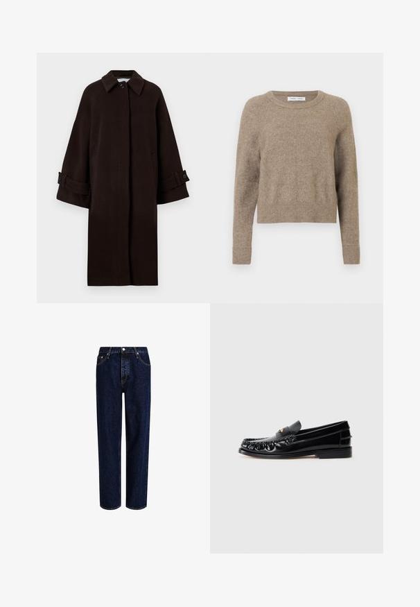 Brun uldfrakke med kravehals, raglanærmer, knaplukning foran og sidelommer. Har ærmeknopper med knapper.; Beige crew-neck sweater lavet af blødt stof. Har ribbede manchetter og kant, med et let cropped design og minimal tekstur.; Mørkeblå denim jeans med lige ben-design, der har høj talje, fem-lomme-stil og kontrastsyninger. Ingen dekorationer.; Sorte læder loafers med rund tå, dekorativ sying og en lille gul accent på vampen. Flad gummisål, slankt design.