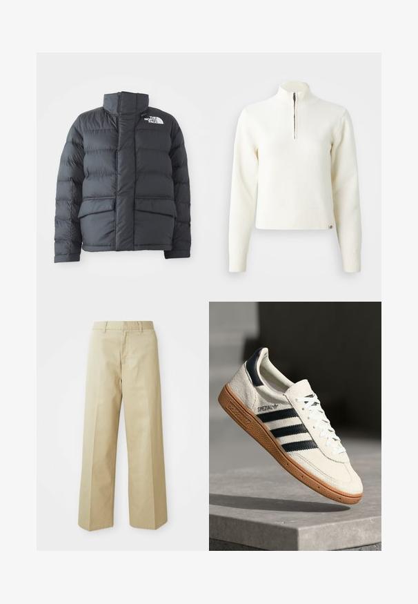 Sort pufferjakke med høj krave, quiltet design, lynlås foran og to forlommer. Har et hvidt logo på venstre bryst.; Hvid, sweater med lynlås ved halsen og lange ærmer. Lavet af et blødt strikmateriale, med ribbede manchetter og kant. Diskret mærke-logo ved kanten.; Beige vide bukser lavet af bomuld med en glat tekstur. Har en lige pasform, bæltestropper og skrå lommer.; Hvide ruskinds sneakers med marineblå striber, gummisål, struktureret overdel, rund tå og snøring; har branding på siden og tungen.