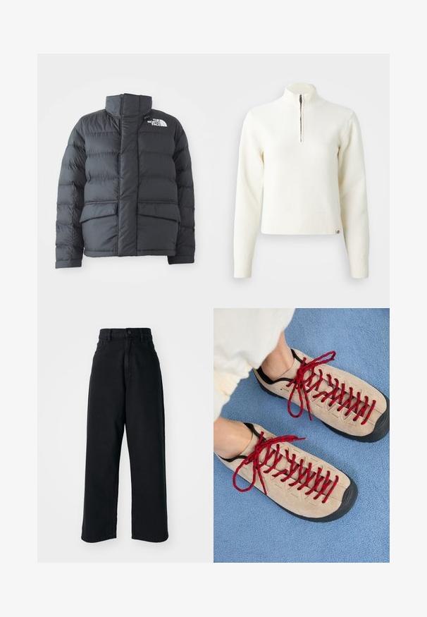 Schwarze Steppjacke mit hohem Kragen, gestepptem Design, Reißverschluss vorne und zwei Fronttaschen. Mit einem weißen Logo auf der linken Brust.; Weißer Sweater mit Reißverschluss am Hals und langen Ärmeln. Aus weichem Strickmaterial gefertigt, mit gerippten Bündchen und Saum. Dezentes Markenlogo am Saum.; Schwarze hoch sitzende weite Jeans mit frontalen Taschen und Knopfverschluss, vor einem schlichten weißen Hintergrund präsentiert.; Beige Schuhe mit roten Schnürsenkeln, die auf einer blauen strukturierten Fläche positioniert sind und teilweise ein Fußgelenk einer Person zeigen. Die Schuhe haben ein sportliches Design.