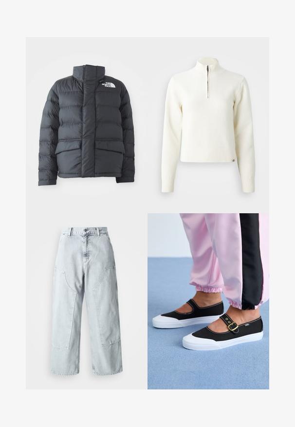 Sort pufferjakke med høj krave, quiltet design, lynlås foran og to forlommer. Har et hvidt logo på venstre bryst.; Hvid, sweater med lynlås ved halsen og lange ærmer. Lavet af et blødt strikmateriale, med ribbede manchetter og kant. Diskret mærke-logo ved kanten.; Lys blå denim bred benbukser med store sidelommer, høj talje og løst fit. Slidte tekstur med en falmet finish.; Sorte lærredssko med en hvid sål, der har et udskæringsdesign og et guldspænde. Bæret med lyserøde træningsbukser.