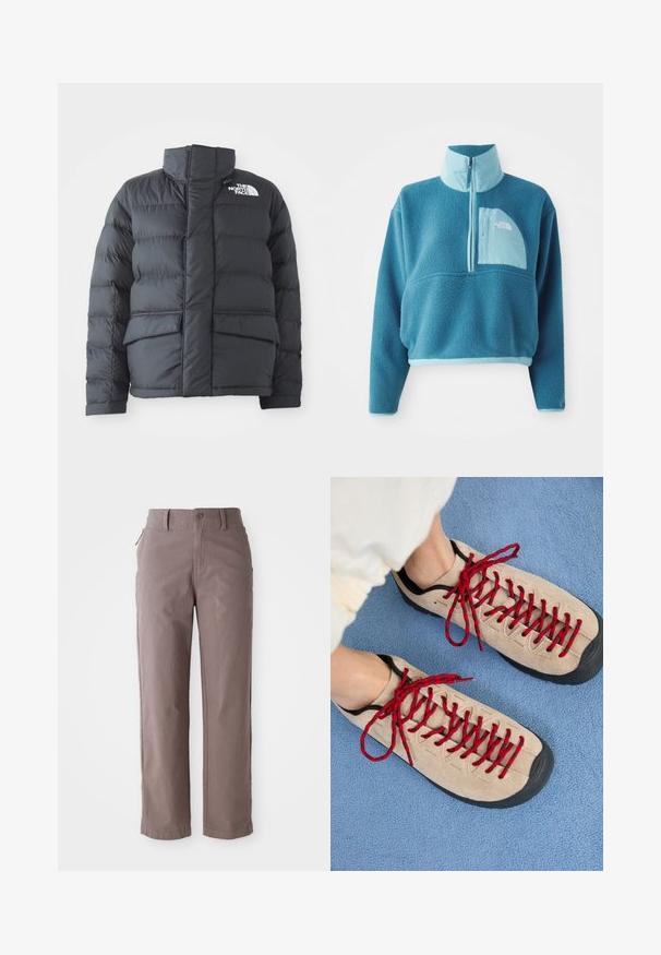 Mustvalge puffer-jakk kõrge kraega, tikanditud disain, tõmblukk eest ja kaks esimest taskut. Vasakule rinda on trükitud valge logo.; Sinine fliispullover, millel on osaline tõmblukk, kõrge krae ja eesmine tasku. Rikkalikult kergema sinise äärisega ja kangatekstuuriga.; Pruunist puuvillast valmistatud twill-püksid sirge jala lõikega, ees nööbiga kinnitamisega ja küljetaskutega, sileda tekstuuriga ja puhaste joontega.; Beezhikirid punased nööridega, paigutatud sinisele tekstureeritud pinnale, osaliselt paljastavad inimese pahkluu. Kingad on sportliku disainiga.
