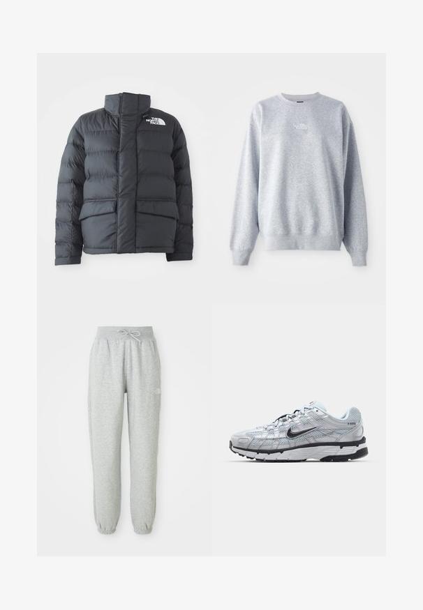 Schwarze Steppjacke mit hohem Kragen, gestepptem Design, Reißverschluss vorne und zwei Fronttaschen. Mit einem weißen Logo auf der linken Brust.; Grauer Sweatshirt mit langen Ärmeln, rundem Halsausschnitt, gerippten Bündchen und Saum. Verfügt über ein kleines weißes Logo auf der Brust. Material aus Baumwollmischung.; Graue Sweatpants mit einem elastischen Bund und Kordelzug. Der Stoff ist weich, mit elastischen Bündchen an den Knöcheln und einem Logo-Detail.; Nike P-6000 Sneakers mit einem Obermaterial aus leichtem grauem Mesh, schwarzen Akzenten und einer langlebigen schwarzen Gummisohle. Verfügt über ein komplexes Design und ein Schnürsystem.