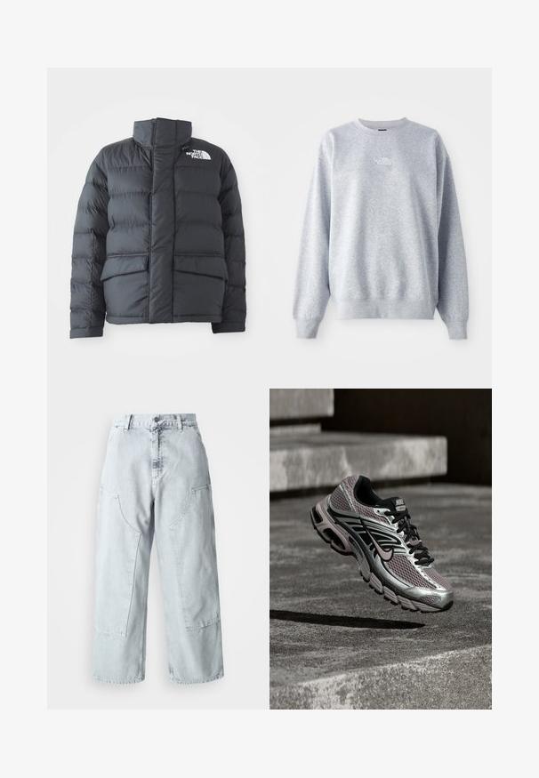 Schwarze Steppjacke mit hohem Kragen, gestepptem Design, Reißverschluss vorne und zwei Fronttaschen. Mit einem weißen Logo auf der linken Brust.; Grauer Sweatshirt mit langen Ärmeln, rundem Halsausschnitt, gerippten Bündchen und Saum. Verfügt über ein kleines weißes Logo auf der Brust. Material aus Baumwollmischung.; Helle blaue Denim-Hosen mit weitem Bein, großen Seitentaschen, hohem Bund und lockerer Passform. Abgenutzte Textur mit verwaschenem Finish.; Nike Air Max Laufschuh mit silbernem, schwarzem und lila Mesh, in der Luft schwebend über einer Betonfläche und Treppen.