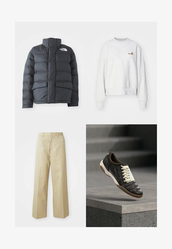 Schwarze Steppjacke mit hohem Kragen, gestepptem Design, Reißverschluss vorne und zwei Fronttaschen. Mit einem weißen Logo auf der linken Brust.; Grauer Rundhalsausschnitt-Pullover aus weichem Material mit gerippten Bündchen und Saum; mit gesticktem Logo auf der Brust in Gelb und Kastanienbraun.; Beige weite Hose aus Baumwolle mit glatter Textur. Verfügt über einen geraden Schnitt, Gürtelschlaufen und Fronttaschen.; Dunkelbrauner Ledersneaker mit cremefarbenen Schnürsenkeln, einem gepolsterten Kragen und einer strukturierten Zehenpartie. Verfügt über eine Gummisohle und ein seitlich angebrachte Swoosh-Logo.