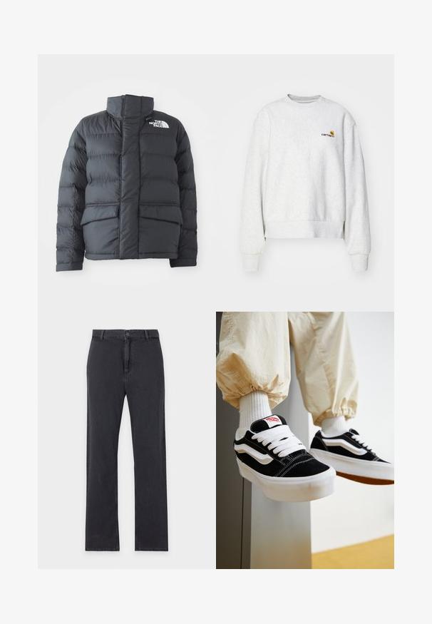Chaqueta tipo puffer negra con cuello alto, diseño acolchado, cierre frontal con cremallera y dos bolsillos delanteros. Presenta un logo blanco en el lado izquierdo del pecho.; Sudadera gris de cuello redondo en una tela suave con puños y dobladillo de punto; presenta un logo bordado en el pecho en amarillo y burdeos.; Vaqueros negros de pierna recta con cierre frontal de botón y cremallera, trabillas para cinturón y diseño clásico de cinco bolsillos, extendidos planos sobre fondo blanco.; Persona que lleva zapatillas Vans negras y blancas con cordones blancos, calcetines blancos y pantalones beige con puños elásticos.