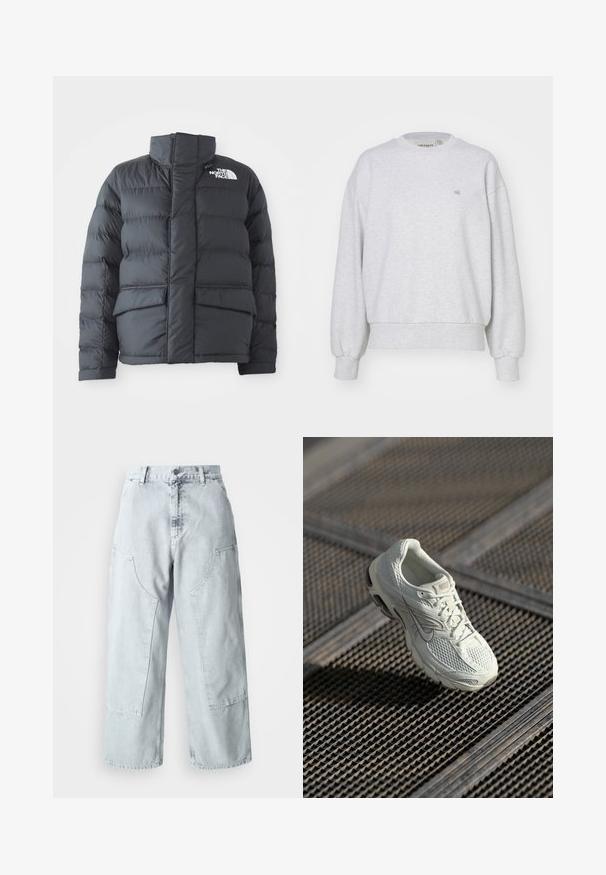 Schwarze Steppjacke mit hohem Kragen, gestepptem Design, Reißverschluss vorne und zwei Fronttaschen. Mit einem weißen Logo auf der linken Brust.; Carhartt WIP CASEY - Sweatshirt - ash heather/silver; Helle blaue Denim-Hosen mit weitem Bein, großen Seitentaschen, hohem Bund und lockerer Passform. Abgenutzte Textur mit verwaschenem Finish.; Weiße Nike-Laufschuhe mit Mesh- und synthetischem Obermaterial, die auf einem Metallgittersockel im sanften natürlichen Licht liegen.