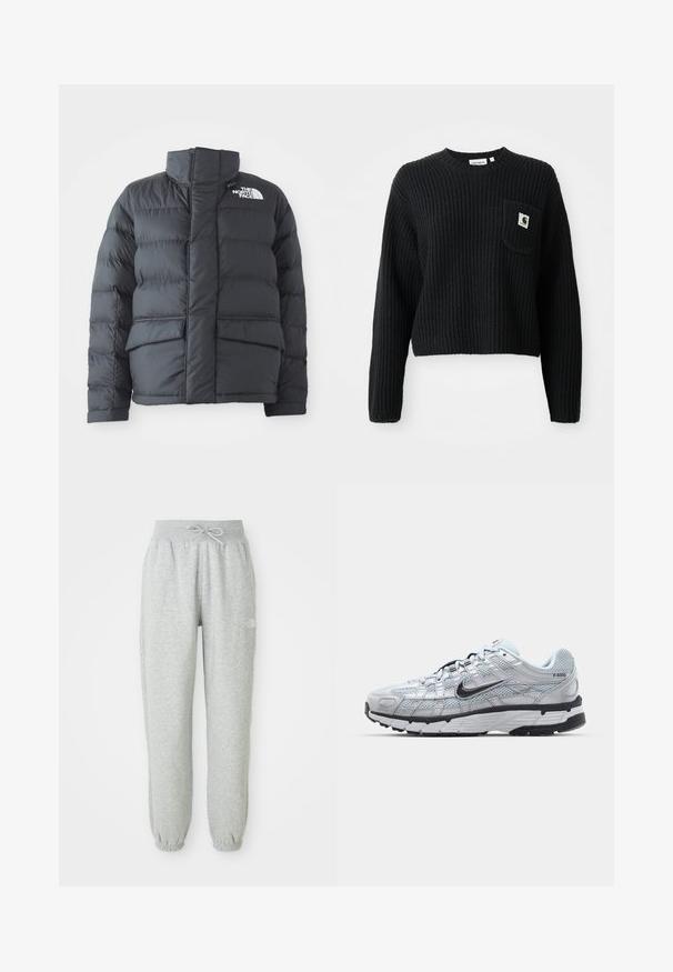 Sort pufferjakke med høj krave, quiltet design, lynlås foran og to forlommer. Har et hvidt logo på venstre bryst.; Sort ribbenstrikket sweater med rund hals, lange ærmer og en frontlomme med et lille logo patch. Forkortet længde.; Grå sweatpants med elastisk talje og snøre. Stoffet er blødt, og de har elastiske manchetter ved anklerne samt et logoaccent.; Nike P-6000 sneakers med en lys grå mesh overdel, sorte accenter og en holdbar sort gummisål. Har et detaljeret design og snøresystem.