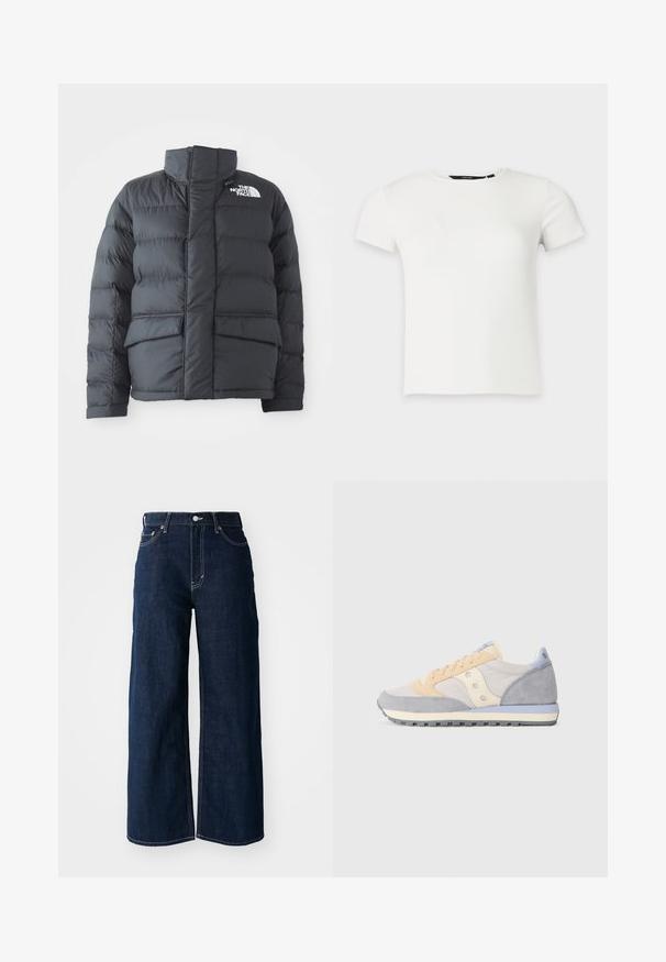 Doudoune noire avec col haut, design matelassé, fermeture éclair à l'avant et deux poches avant. Présente un logo blanc sur la poitrine gauche.; T-shirt blanc à manches courtes en maille côtelée avec col rond, présenté sur un fond uni gris clair.; Jeans en denim bleu foncé à jambes larges avec des coutures contrastées, un design à cinq poches et une fermeture à bouton à la taille.; Vue latérale d'une sneaker basse en beige, gris clair et crème avec des superpositions en daim et une semelle en caoutchouc.