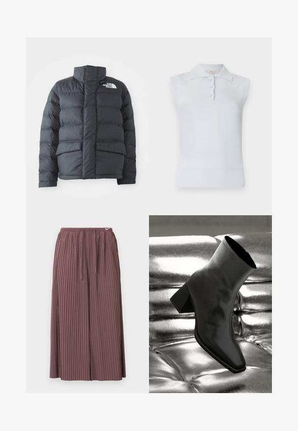 Schwarze Steppjacke mit hohem Kragen, gestepptem Design, Reißverschluss vorne und zwei Fronttaschen. Mit einem weißen Logo auf der linken Brust.; Helles blaues ärmelloses Poloshirt mit traditionellem Kragen, dreifachem Knopfverschluss und geripptem Saum. Hergestellt aus einem glatten, weichen Stoff.; Faltenhose in einem sanften Mauve-Ton, mit einem elastischen Bund mit Kordelzug und dezentem Branding am Bund.; Schwarzer Knöchelstiefel aus glänzendem Material mit quadratischer Zehenform und verjüngtem Absatz, vor einem glänzenden silbernen gepolsterten Hintergrund.