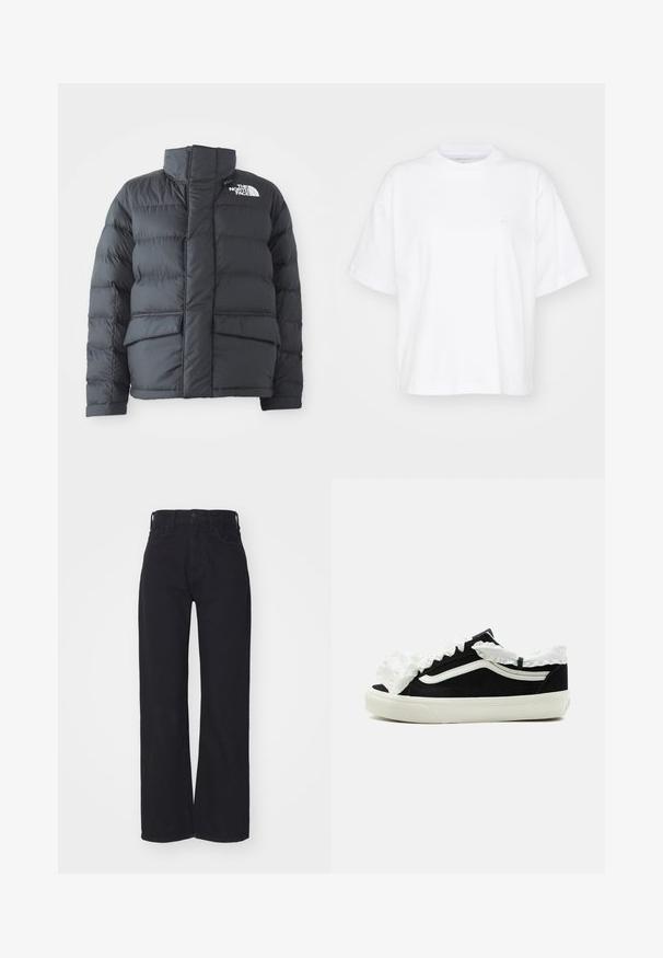 Sort pufferjakke med høj krave, quiltet design, lynlås foran og to forlommer. Har et hvidt logo på venstre bryst.; Hvid bomulds t-shirt med rund hals, korte ærmer og en afslappet pasform. Har et diskret logo på venstre brystområde. Glat tekstur.; Sorte højtaljede bredbenede jeans med frontknap og lynlås, bæltestropper og to forlommer på hvid baggrund.; Sort lavtop-sneaker med hvid sål, hvid stribe på siden og dekorativt hvidt flæset stof langs tungen og ankleranden.
