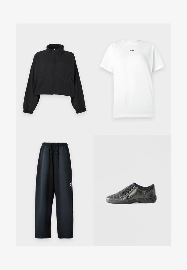 Μαύρο cropped σακάκι με ψηλό γιακά, φερμουάρ μπροστά, μακριά μανίκια, ελαστική μανσέτα και λοξά ραφές στο σώμα.; Λευκό T-shirt κοντομάνικο με στρογγυλή λαιμόκοψη και μικρό μαύρο λογότυπο Nike κάτω από τον λαιμό.; Μαύρο φόρεμα γυμναστικής με ελαστική μέση και κορδόνι. Διαθέτει πλευρικές τσέπες και λογότυπο σε κόκκινο και λευκό χρώμα στο αριστερό πόδι. Μαλακό ύφασμα.; Μαύρο χαμηλό Nike sneaker με κορδόνια, ραφές και υφή στην σόλα, σε λευκό απλό φόντο.