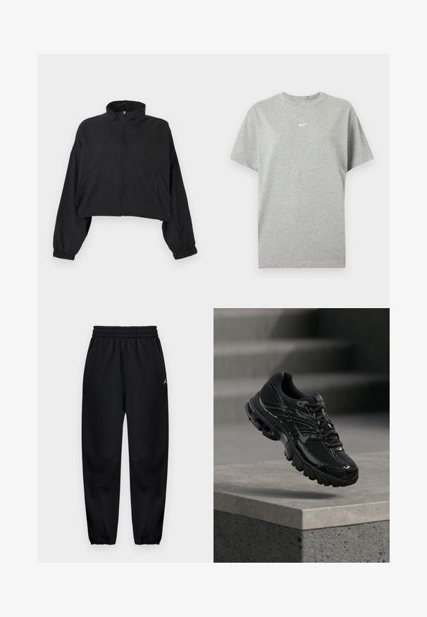 Μαύρο cropped σακάκι με ψηλό γιακά, φερμουάρ μπροστά, μακριά μανίκια, ελαστική μανσέτα και λοξά ραφές στο σώμα.; Γκρι βαμβακερό T-shirt με κοντά μανίκια, στρογγυλή λαιμόκοψη και μικρό λευκό λογότυπο Nike swoosh στο κέντρο του στήθους.; Μαύρη στενή φόρμα με ελαστική μέση και τελείωμα, μικρό λογότυπο στο πάνω μέρος του μηρού, μπροστινές τσέπες, ομαλή υφή υφάσματος.; Μαύρο αθλητικό παπούτσι Nike με διχτυωτό και συνθετικό επάνω μέρος που αιωρείται πάνω από μια επιφάνεια από σκυρόδεμα και σκαλοπάτια στο βάθος.