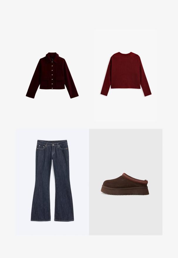 Bordeaux cropped jacket met een kraag, gouden knopen en twee voorste flapzakken. Gemaakt van zachte stof met een gladde textuur.; Ribgebreid, cropped trui in diep rood met lange mouwen en een ronde halslijn, met een gestructureerd oppervlak. Achteraanzicht weergegeven.; Donkerblauwe denim jeans met een lichte uitlopende pijp onderaan, met voorzakken, een knoop en zichtbare stiksel details.; Bruine suède instappers met een gestructureerde rubberen zool, voorzien van een rode en gemêleerde brei-omranding rond de kraag.