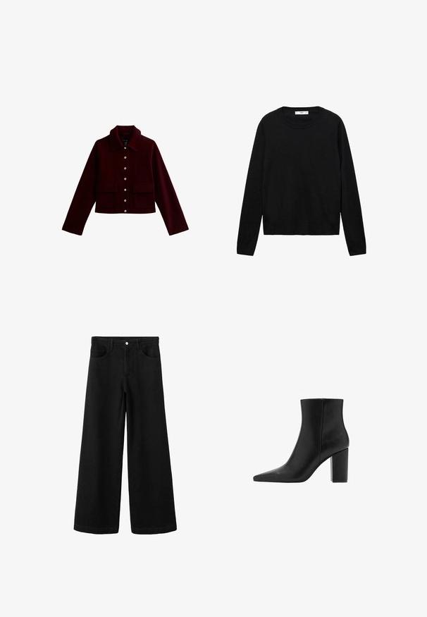 Bordeaux cropped jacket met een kraag, gouden knopen en twee voorste flapzakken. Gemaakt van zachte stof met een gladde textuur.; Zwarte lange mouwen trui van zacht materiaal met een ronde hals en geribde manchetten, met een eenvoudig en recht afgesneden ontwerp.; Zwart denim met wijde pijpen en een hoge taille, voorzien van steekzakken aan de voorkant, een knoopsluiting en een gladde, onbeschadigde textuur.; Zwarte leren enkellaars met een spitse neus en blokhak. Gladde textuur en minimalistisch ontwerp, met een schacht van gemiddelde hoogte.