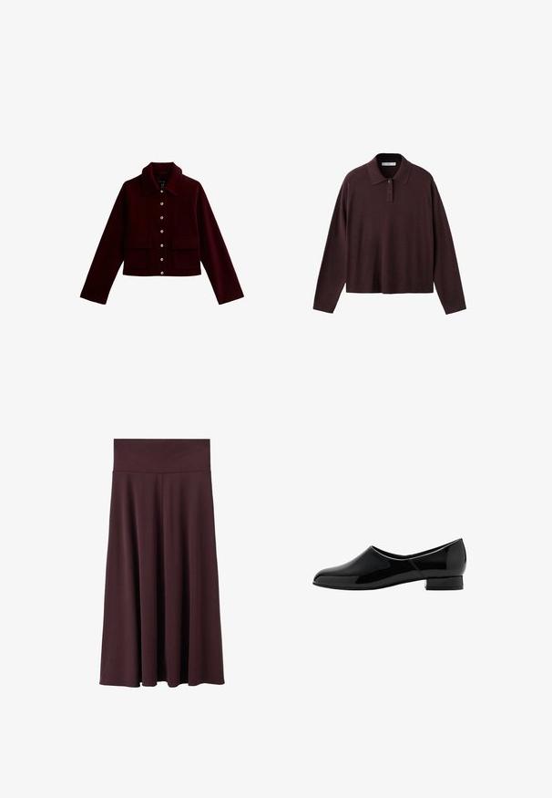 Bordeaux cropped jacket met een kraag, gouden knopen en twee voorste flapzakken. Gemaakt van zachte stof met een gladde textuur.; Langere donkerbruine gebreide polotrui met lange mouwen, een kraag en een twee-knopen plooi, weergegeven op een witte achtergrond.; Marsala midi-rok gemaakt van zachte stof met een brede, elastische tailleband. Heeft een vloeiend ontwerp dat licht taps toeloopt naar de zoom.; Zwarte gepatineerde leren instapschoen met een ronde neus en een lage blokhak. Glad oppervlak, minimalistisch ontwerp, geen zichtbare versieringen.