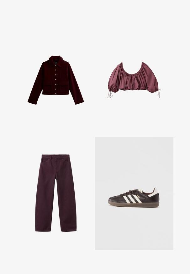 Bordeaux cropped jacket met een kraag, gouden knopen en twee voorste flapzakken. Gemaakt van zachte stof met een gladde textuur.; Gecropte, off-shoulder blouse in diep mauve met geplooide stof en elastische pofmouwen, gestrikt aan de polsen.; Donkerpaarse rechte broek met steekzakken aan de voorkant en riemlussen, afgebeeld tegen een witte achtergrond.; Donkerbruine leren sneakers met een wit drie-strepen ontwerp, een rubberen zool en "Samba" in gouden letters aan de zijkant. Klassieke lage schoenvorm.
