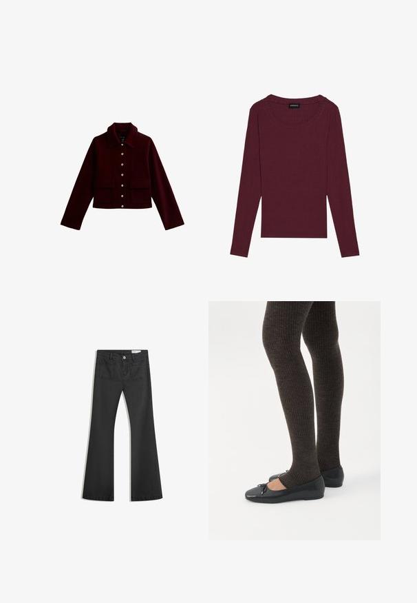 Bordeaux cropped jacket met een kraag, gouden knopen en twee voorste flapzakken. Gemaakt van zachte stof met een gladde textuur.; Langarmtop in rijke bordeauxrode kleur, ribbelstructuur, ronde halslijn en een rechte zoom. Het label toont de merknaam "even&odd."; Zwarte flared jeans van denim met een gladde textuur, voorzien van twee achterzakken en een knoopsluiting bij de taille.; Benen met donkere geribbelde leggings gecombineerd met zwarte ballerina's met kleine strikdetails op een witte achtergrond.