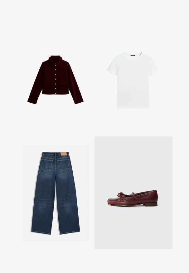 Bordeaux cropped jacket met een kraag, gouden knopen en twee voorste flapzakken. Gemaakt van zachte stof met een gladde textuur.; Effen wit T-shirt met korte mouwen, een ronde hals en een klein zwart labeltje aan de binnenkant van de kraag.; Donkerblauwe denim jeans met wijde pijpen, twee achterzakken en een bruin leren merkembleem aan de tailleband.; Bordeaux leren loafers met een ronde neus, decoratieve strikdetail en subtiele stiksels, op een lage, platte hak.