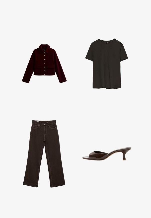 Bordeaux cropped jacket met een kraag, gouden knopen en twee voorste flapzakken. Gemaakt van zachte stof met een gladde textuur.; Effen zwarte T-shirt met korte mouwen en ronde hals, getoond tegen een witte achtergrond.; Donkerbruine jeans met brede pijpen, voorzien van een voren geplaatste knoop, ritssluiting en contrasterende witte stiksels. Voorzien van voorzakken en een muntzakje met koperen klinknagels.; Bruine open-toe mule met lage kittenhak en glanzende afwerking, zijaanzicht op een witte achtergrond.