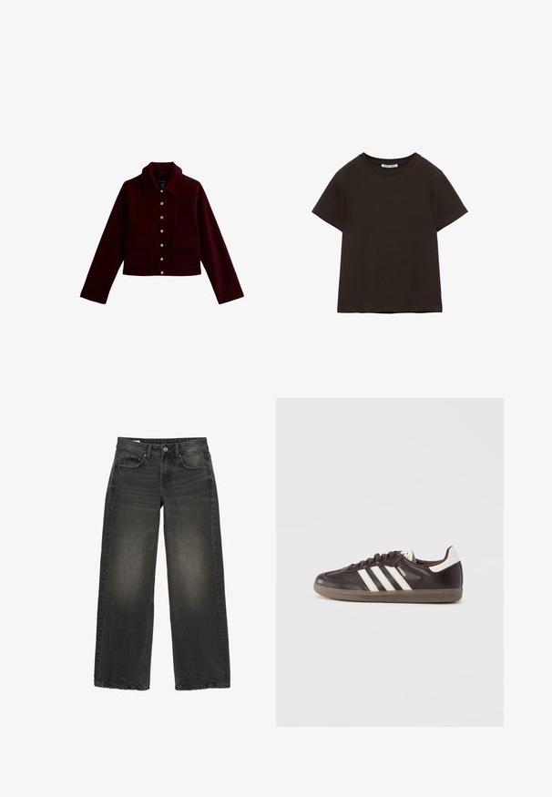 Bordeaux cropped jacket met een kraag, gouden knopen en twee voorste flapzakken. Gemaakt van zachte stof met een gladde textuur.; Effen zwarte T-shirt met korte mouwen en ronde hals, plat neergelegd met zichtbaar label in de kraag.; Zwarte jeans met wijde pijpen, vervaagde details, knoop aan de voorkant, rits en vijf zakken, plat gelegd op een witte achtergrond.; Donkerbruine leren sneakers met een wit drie-strepen ontwerp, een rubberen zool en "Samba" in gouden letters aan de zijkant. Klassieke lage schoenvorm.