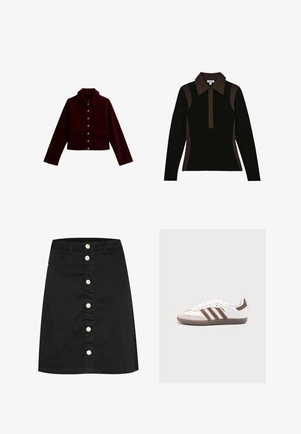 Bordeaux cropped jacket met een kraag, gouden knopen en twee voorste flapzakken. Gemaakt van zachte stof met een gladde textuur.; Zwarte longsleeve polo met een contrasterende bruine kraag en zijpanelen. De stof lijkt glad met een aansluitend ontwerp.; Zwarte denim rok met een rechte snit, voorzien van een sluiting met knopen aan de voorkant, vijf zakken en subtiele gestikte details.; Witte Adidas Samba sneaker met bruine suède strepen, bruine hielpatch, beige neuskap en translucente rubberen zool, van opzij getoond.