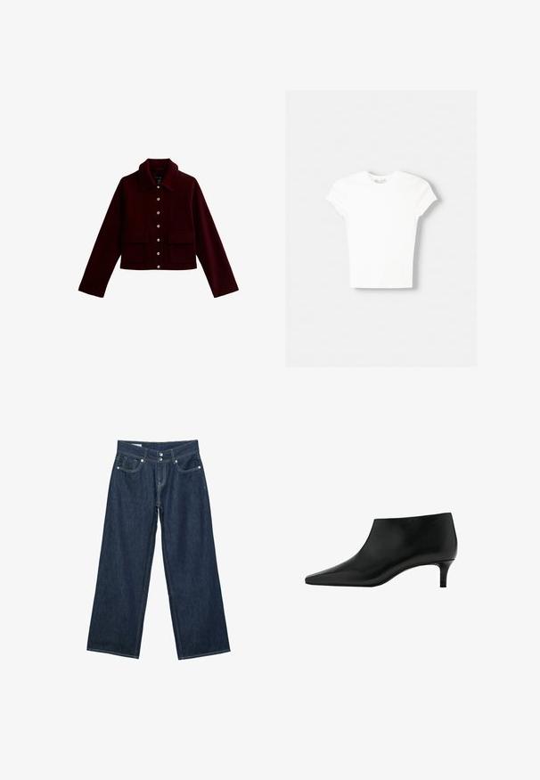 Bordeaux cropped jacket met een kraag, gouden knopen en twee voorste flapzakken. Gemaakt van zachte stof met een gladde textuur.; Witte t-shirt met korte mouwen van zachte katoen, met een ronde halslijn en een getailleerde vorm. Geen zichtbare patronen of versieringen.; Donkerblauwe wijde spijkerbroek met dubbele knoopsluiting, voorzakken en contrasterende stiksels op een witte achtergrond.; Zwarte leren enkellaars met puntige neus en lage kittenhak, ontworpen voor elegante en formele gelegenheden.
