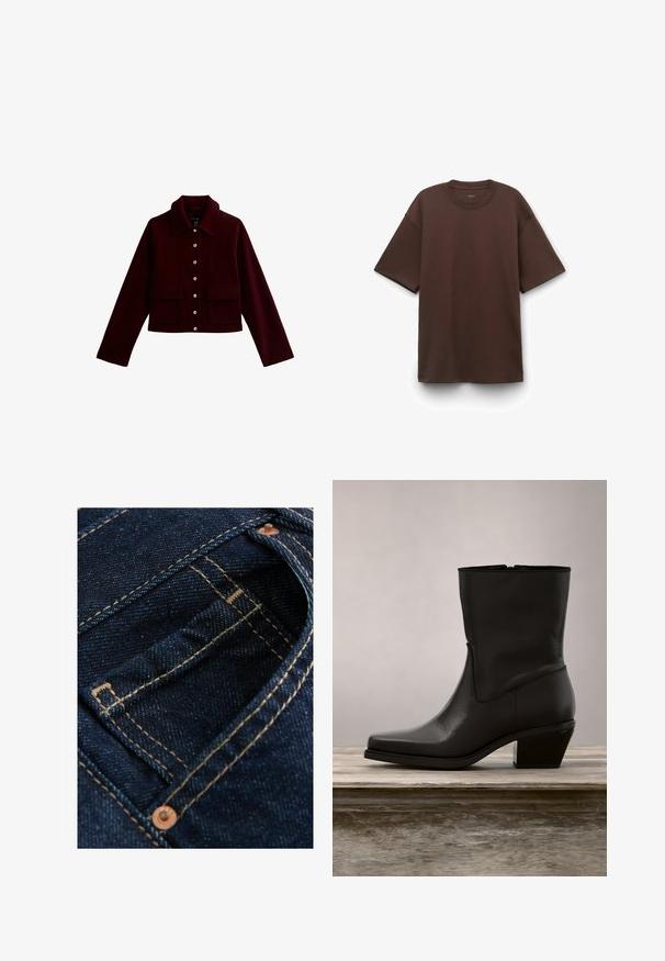 Bordeaux cropped jacket met een kraag, gouden knopen en twee voorste flapzakken. Gemaakt van zachte stof met een gladde textuur.; Bruine oversized T-shirt met korte mouwen en ronde hals, effen ontwerp, plat opgelegd op een witte achtergrond.; Donkerblauwe denimstof met zichtbare stiksels in een contrasterende lichte kleur, met een klein zakje en een metalen knoopdetail.; Zwarte leren enkelboot met een puntige neus, lage blokhak, gladde textuur en minimalistische stikdetails. Ritsluiting zichtbaar aan de achterkant.