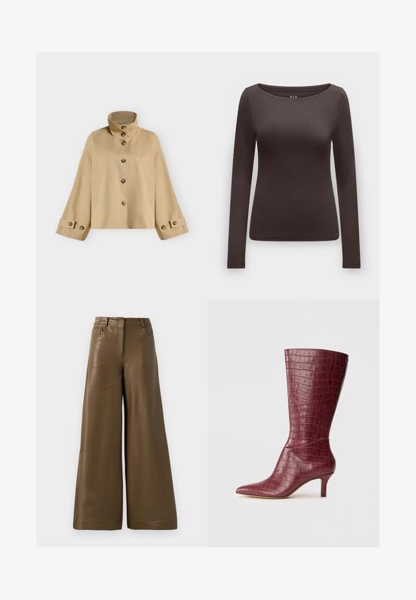 Veste courte beige avec col montant, fermeture à boutons devant, manches larges et poignets boutonnés.; Haut ajusté à manches longues brun foncé avec un large col rond et un tissu lisse, présenté sur un fond clair.; Pantalons à jambes larges en simili cuir marron lisse. Présentent une taille haute, quatre poches et une fermeture éclair sur le devant. Texture plate et design minimaliste.; Botte cheville bourgogne haute avec texture crocodile, embout pointu et petit talon sur fond neutre.