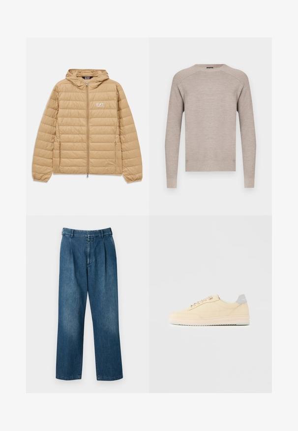 Lichtbruin gewatteerd jack met capuchon, voorzien van een ritssluiting aan de voorkant en het EA7 Emporio Armani-logo op de linkerborst.; Beige gebreide trui met een ronde hals, lange mouwen en geribbelde boorden en zoom. Soepele textuur met een subtiel, gelijkmatig patroon.; Blauwe denim broek met een rechte pijp, voorzien van een hoge taille, plooien aan de voorkant en een klassieke knoopsluiting. Gladde textuur.; Beige lage sneaker met veters aan de voorkant, lichtroze zool en een grijze hieltab met het merk "Filling Pieces", zijaanzicht op een effen achtergrond.