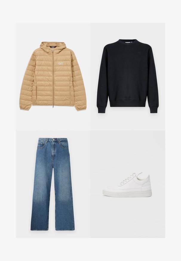 Hellbraune gesteppte Jacke mit Kapuze, Frontreißverschluss und EA7 Emporio Armani-Logo auf der linken Brust.; Schwarzer Pullover aus Baumwollmischgewebe. Rundhalsausschnitt, lange Ärmel, gerippte Bündchen und Saum. Dezentes Logodetail auf der Brust.; Breite blaue Denim-Jeans mit klassischem Fünf-Taschen-Design, Knopfverschluss vorne und leichtem Verblassen für Textur.; Weißer Ledersneaker mit abgerundetem Zehenbereich, flacher Sohle und Schnürverschluss. Verfügt über Nahtdetails und einen gepolsterten Kragen für zusätzlichen Komfort.