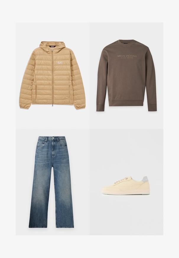 Lysebrun kviltet hættejakke med frontlynlås og EA7 Emporio Armani-logo på venstre bryst.; Brun sweatshirt med lange ærmer og rund hals med teksten "Armani Exchange Milano / New York" trykt over brystet.; Blå denim bredbenede jeans med høj talje, subtilt slid, fem lommer og metalknaplukning foran.; Beige lavtop sneaker med snørelukning foran, lyserød sål og grå hællap med mærket "Filling Pieces", vist i profil på ensfarvet baggrund.