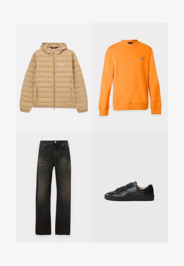 Hellbraune gesteppte Jacke mit Kapuze, Frontreißverschluss und EA7 Emporio Armani-Logo auf der linken Brust.; Orangefarbenes Sweatshirt mit langen Ärmeln und Rundhalsausschnitt, mit kleinem gesticktem Zebra-Logo auf der linken Brust vor schlichtem Hintergrund.; Schwarze Gerade geschnittene Jeans mit verwaschenem Look, vorne Knopf- und Reißverschluss sowie Fünf-Taschen-Design.; Schwarze Leder-Sneaker mit glatter Textur, runder Zehenpartie und Schnürverschluss. Verfügt über eine dicke Gummisohle und minimalistische Marken-Details.
