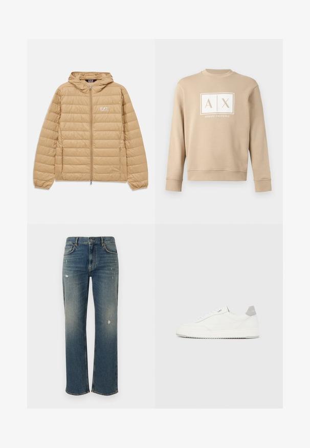 Svetlohnedá prešívaná bunda s kapucňou a predným zipsom, s logom EA7 Emporio Armani na ľavej hrudi.; Béžová mikina s dlhými rukávmi a okrúhlym výstrihom, s bielym logom "A|X Armani Exchange" umiestneným v strede na hrudi.; Denimové jeansy v stredne modrej farbe s rovný strihom, s jemným vyblednutím a poškodenými miestami. Klasický dizajn s piatimi vreckami a zapínaním na horný gombík.; Biela nízka teniska so sivým pätovým pásikom, bielymi šnúrkami a členitou podrážkou, zobrazená na jednoduchom svetlom pozadí.