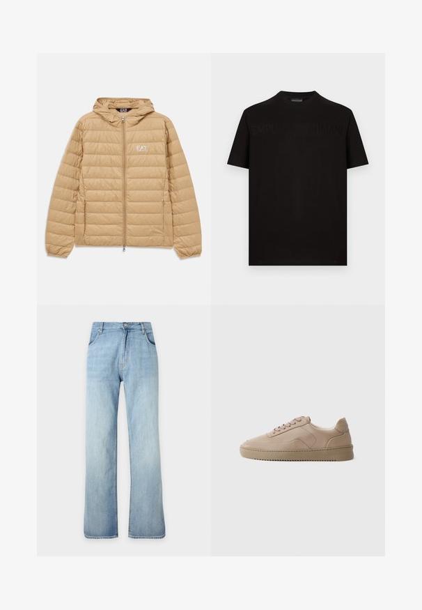 Hellbraune gesteppte Jacke mit Kapuze, Frontreißverschluss und EA7 Emporio Armani-Logo auf der linken Brust.; Schwarzes Baumwoll-T-Shirt mit kurzen Ärmeln und Rundhalsausschnitt, mit einem geprägten Logo auf der Brust. Glatte Textur und lässige Passform.; Hellblaue gerade geschnittene Jeans aus Denim mit vorderem Knopf- und Reißverschluss, vorderen Taschen und Gürtelschlaufen, vor einfachem Hintergrund gezeigt.; Beigem Leder Sneaker mit flachen Schnürsenkeln, glatter Oberfläche und strukturiertem Gummisohle. Seitenteilnaht und runde Zehendesign.