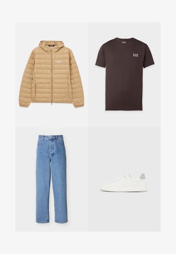 Lysebrun kviltet hættejakke med frontlynlås og EA7 Emporio Armani-logo på venstre bryst.; Mørkebrun T-shirt med korte ærmer og rund halsudskæring med lille hvid EA7 Emporio Armani-logo på venstre bryst.; Lyseblå højhæstede, straight-leg denimjeans med forlommer, knaplukning og bæltestropper på en hvid baggrund.; Hvid lavtop-sneaker med gråt hælflig, hvide snørebånd og tekstureret sål, vist på en ensfarvet lys baggrund.
