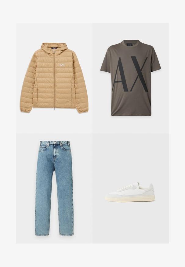 Lysebrun kviltet hættejakke med frontlynlås og EA7 Emporio Armani-logo på venstre bryst.; Kortærmet grå T-shirt med store sorte "AX" bogstaver trykt på fronten og rund halsudskæring.; Lyseblå denimjeans med lige ben, fem lommer og lukning med messingknap. Stoffet har et let tekstureret, falmet udseende.; Hvid sneakers med en øvre del i tekstureret ruskind og læder. Har rundet tå, snørelukning og kontrasterende beige gummisål.