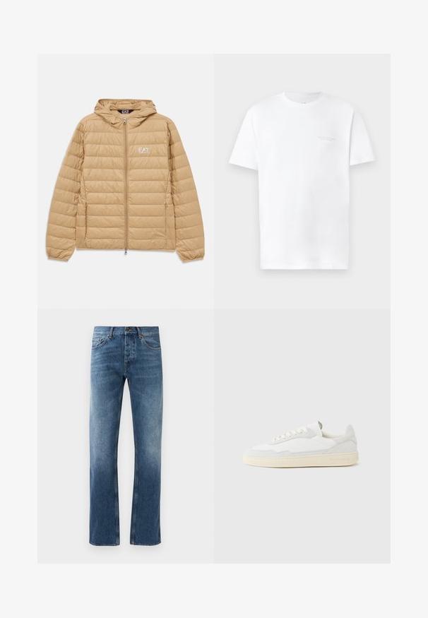 Hellbraune gesteppte Jacke mit Kapuze, Frontreißverschluss und EA7 Emporio Armani-Logo auf der linken Brust.; Weißes Baumwoll-T-Shirt mit kurzen Ärmeln, Rundhalsausschnitt, mit subtiler grauer Logodruck auf der linken Brustseite und glatter Textur.; Blaue Jeans aus Denim mit geradem Bein, blasser Wäsche, fünf Taschen und kontrastierenden Nähten. Knopf- und Reißverschluss am Bund.; Weißer Sneaker mit strukturiertem Obermaterial aus Wildleder und Leder. Verfügt über eine runde Zehenpartie, Schnürverschluss und eine kontrastierende beige Gummisohle.