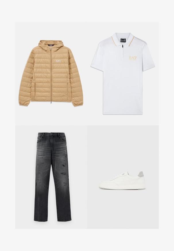 Svetlohnedá prešívaná bunda s kapucňou a predným zipsom, s logom EA7 Emporio Armani na ľavej hrudi.; Biela polo košeľa s predným zipsom, krátkym rukávom a oranžovým akcentovým prešívaním. Na ľavej hrudi sa nachádza vyšité logo EA7 v žltej farbe.; Čierne deninové nohavice s uvolneným strihom, s vyblednutým dizajnom a poškodenými záplaty. Štandardný strih s piatimi vreckami a zapínaním na gombík.; Biela nízka teniska so sivým pätovým pásikom, bielymi šnúrkami a členitou podrážkou, zobrazená na jednoduchom svetlom pozadí.