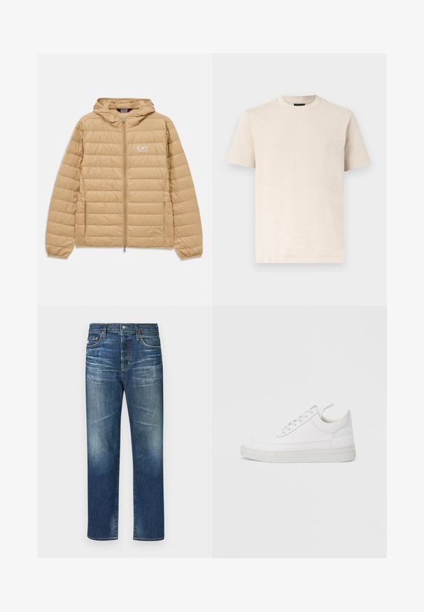 Lysebrun kviltet hættejakke med frontlynlås og EA7 Emporio Armani-logo på venstre bryst.; Beige T-shirt med korte ærmer og rund hals med en subtil, tekstureret logo på venstre bryst, vist på en ensartet hvid baggrund.; Blå denim jeans med lige ben, der har slidte områder, et klassisk fem-lomme design, kobbernitter og en knapgennemgang.; Hvid lædersneaker med rundet tå, flad sål og snørebånd foran. Har syningsdetaljer og polstret krave for komfort.