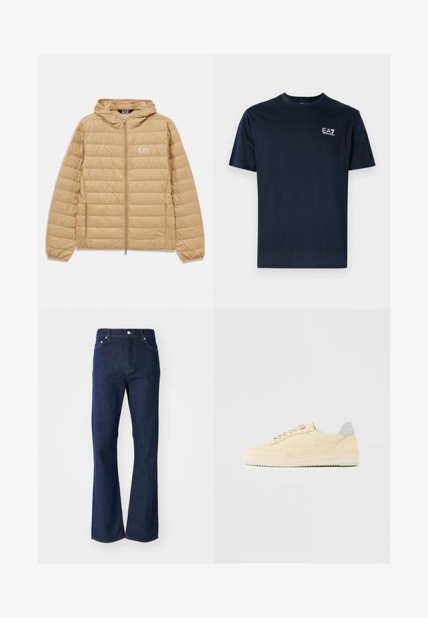Svetlohnedá prešívaná bunda s kapucňou a predným zipsom, s logom EA7 Emporio Armani na ľavej hrudi.; Námornícky modré bavlnené tričko s krátkymi rukávmi, okrúhlym výstrihom a logom EA7 na ľavej hornej strane v bielej farbe. Hladká textúra, ležérny dizajn.; Zúžené tmavomodré džíny vyrobené z denimu. Má päť vreciek, predný zips a kovový gombík na zapínanie. Klasické švy ako doplnok.; Béžová teniska s nízkym strihom, s predným zaväzovaním na šnúrky, svetloružovou podrážkou a sivým pätovým pásikom s logom „Filling Pieces“, zobrazená z profilu na jednoduchom pozadí.