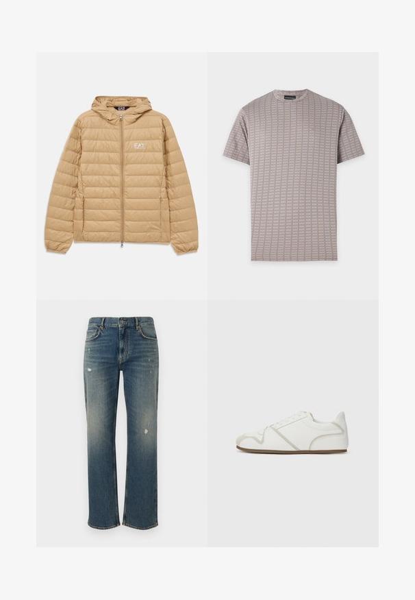 Hellbraune gesteppte Jacke mit Kapuze, Frontreißverschluss und EA7 Emporio Armani-Logo auf der linken Brust.; Beiges T-Shirt mit kurzen Ärmeln, einem subtilen Karo-Muster und einem kleinen gestickten Logo auf der linken Brust.; Dunkelblaue Denim-Jeans mit geradem Schnitt, die leichte Auswaschungen und abgenutzte Stellen aufweisen. Klassisches Fünf-Taschen-Design und Knopfverschluss.; Weißer Sneaker mit einem glatten Obermaterial aus Stoff, beigefarbenen Akzenten, einer runden Zehenpartie und einer Gummisohle. Verfügt über ein Schnürdesign und seitliche Nähte.