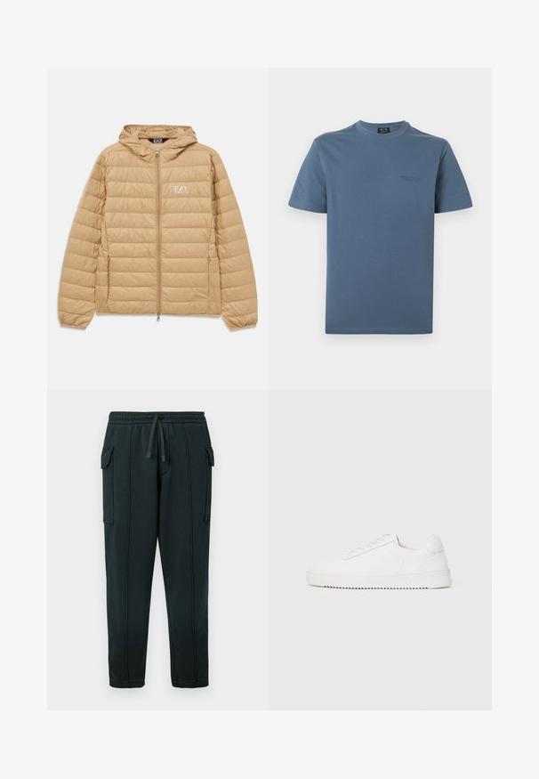 Lysebrun kviltet hættejakke med frontlynlås og EA7 Emporio Armani-logo på venstre bryst.; Blå t-shirt med crew neck og korte ærmer, subtilt Armani Exchange-logo på venstre bryst mod en hvid baggrund.; Sorte joggingbukser med snøre i taljen, sidelommer, detaljer med cargolomme og synlige sømmer. Blødt stof med en afslappet pasform.; Hvid sneaker med en glat læderoverdel, rund tå, snørebånd, teksturerede sideaccenter og en tyk gummisål. Minimalistisk design.