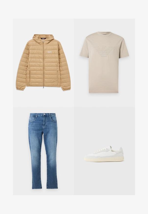 Lysebrun kviltet hættejakke med frontlynlås og EA7 Emporio Armani-logo på venstre bryst.; Beige T-shirt med korte ærmer og en applieret ørn-logo samt initialerne "GA" centreret på brystet.; Blå denimjeans med lige pasform, forreste knap- og lynlåslukning samt fem-lomme-design, vist på en ensartet lys baggrund.; Hvid sneakers med en øvre del i tekstureret ruskind og læder. Har rundet tå, snørelukning og kontrasterende beige gummisål.