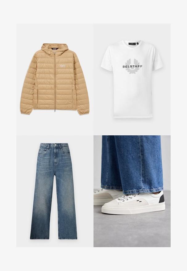 Lysebrun kviltet hættejakke med frontlynlås og EA7 Emporio Armani-logo på venstre bryst.; Hvid T-shirt med korte ærmer og rund hals, med gråt Belstaff-logo og emblem centreret på brystet.; Blå denim bredbenede jeans med høj talje, subtilt slid, fem lommer og metalknaplukning foran.; Hvide og sorte sneakers med en glat læderoverdel, teksturerede detaljer og en kraftig hvid sål. Har et klassisk snørebåndsdesign.