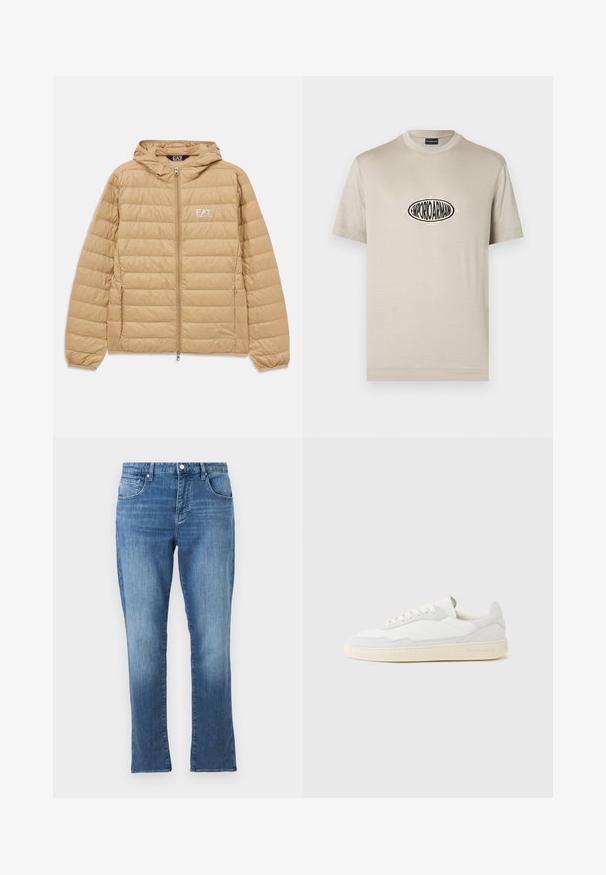 Lysebrun kviltet hættejakke med frontlynlås og EA7 Emporio Armani-logo på venstre bryst.; Beige bomulds-T-shirt med rund halsudskæring og korte ærmer, med et centralt sort logo med teksten "1981" og "MILANO" i creme.; Blå denimjeans med lige pasform, forreste knap- og lynlåslukning samt fem-lomme-design, vist på en ensartet lys baggrund.; Hvid sneakers med en øvre del i tekstureret ruskind og læder. Har rundet tå, snørelukning og kontrasterende beige gummisål.