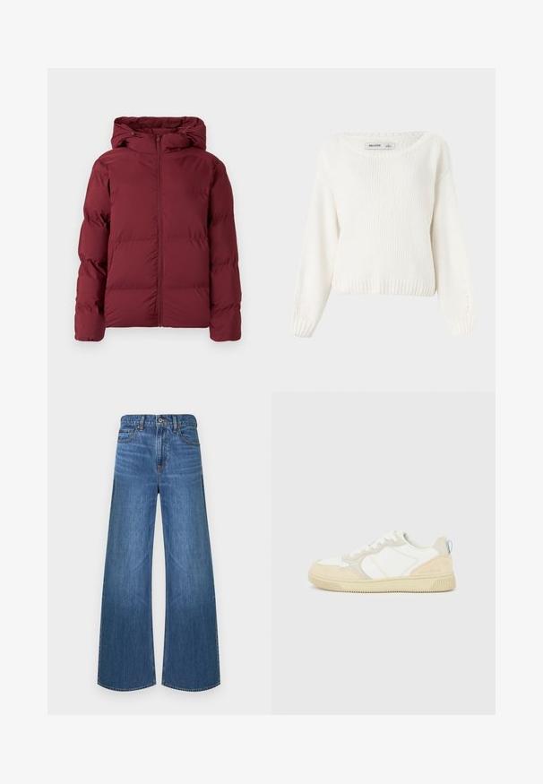 Doudoune bordeaux avec fermeture éclair à l'avant et capuche, conçue pour la chaleur et la protection contre le froid, présentée sur fond blanc.; Pull long à manches longues tricoté en blanc avec un col rond et des poignets et un ourlet côtelés, présenté sur un fond uni.; Jean denim bleu à jambes larges avec bouton avant et fermeture éclair, style cinq poches, et passants pour ceinture, présenté sur un fond blanc.; Baskets blanches et beiges avec dessus en suède et textile, présentant des coutures contrastées, une semelle en caoutchouc et un accent bleu clair sur le talon.